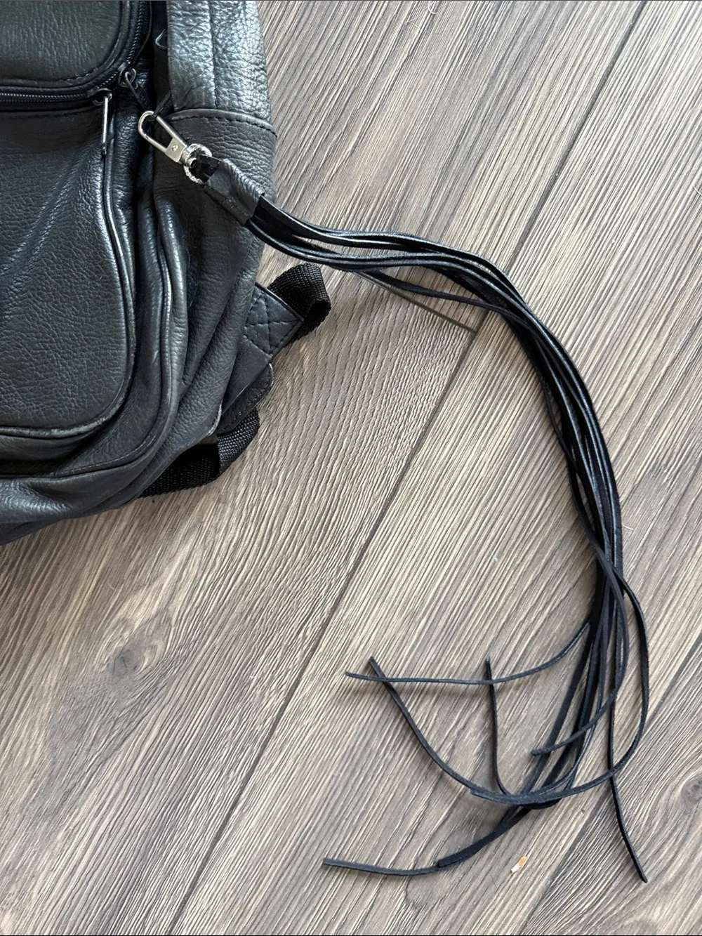 Vintage black genuine leather Backpack with removable Fringe full size